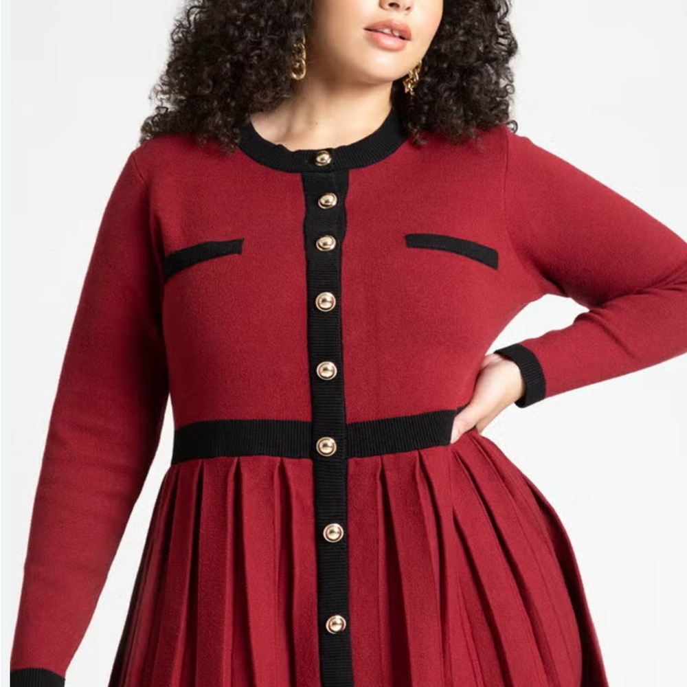 Eloquii Red and Black Pleated Long Sleeve Dress